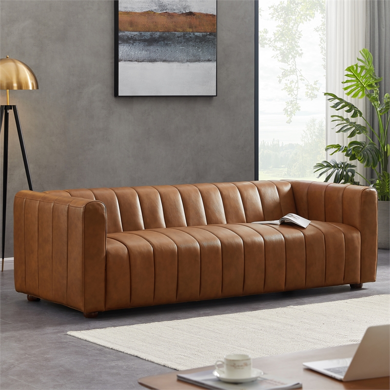 Pemberly Row Mid-Century Modern Living Room Genuine Leather Sofa in Cognac Tan