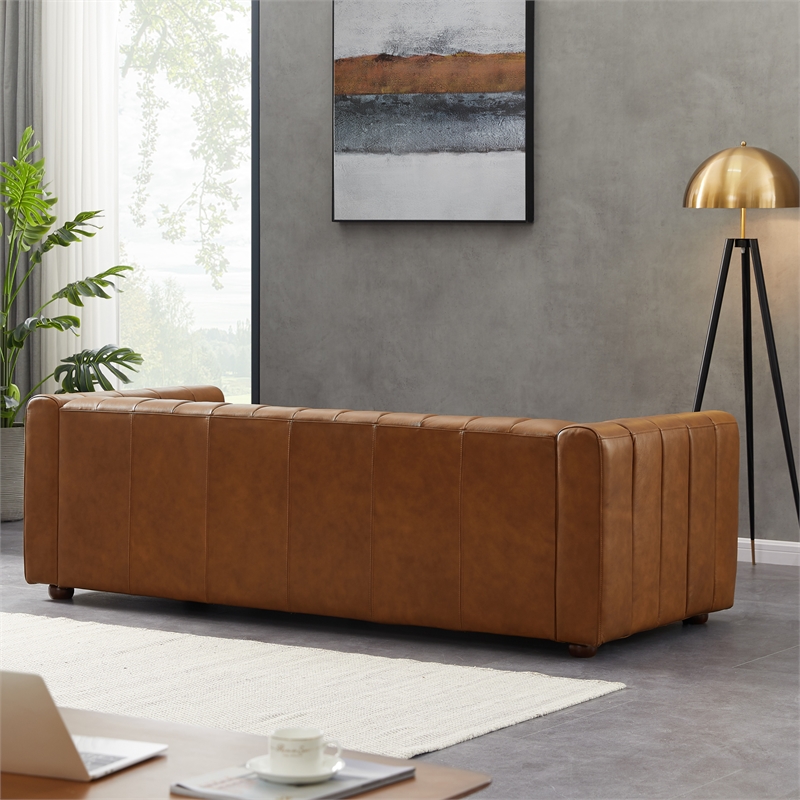 Pemberly Row Mid-Century Modern Living Room Genuine Leather Sofa in Cognac Tan