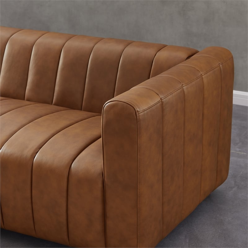 Pemberly Row Mid-Century Modern Living Room Genuine Leather Sofa in Cognac Tan