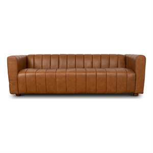 Pemberly Row Mid-Century Modern Living Room Genuine Leather Sofa in Cognac Tan
