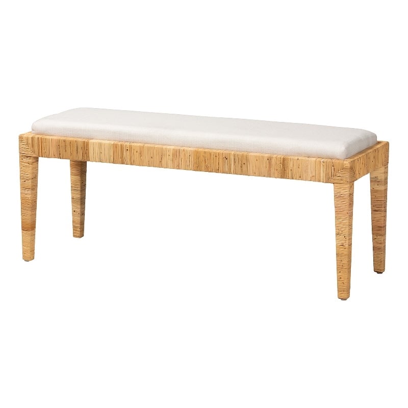 Pemberly Row Modern Natural Brown Rattan and Mahogany Wood Bench