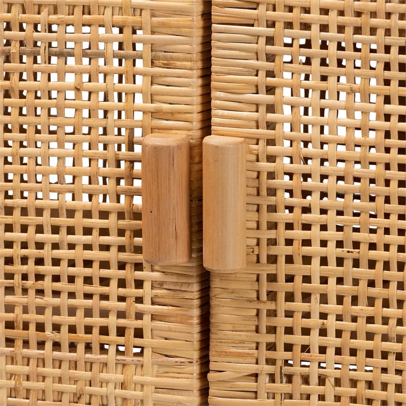 Pemberly Row Brown Rattan and Mahogany Wood 3-Shelf Storage Cabinet