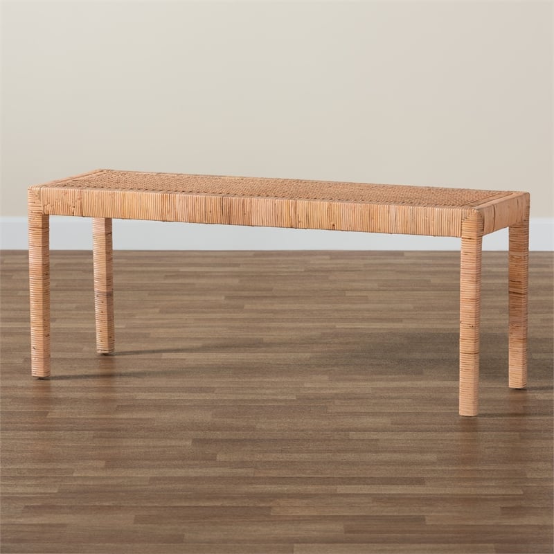 Pemberly Row Natural Rattan and Mahogany Wood Long Accent Bench