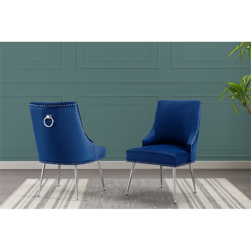 Pemberly Row Set of 2 Navy Blue Velvet Side Chairs w/ Iron Chrome Legs & Ring
