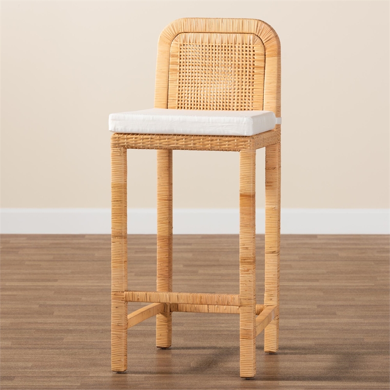 Pemberly Row Bohemian Natural Brown Rattan and Mahogany Wood Bar Stool
