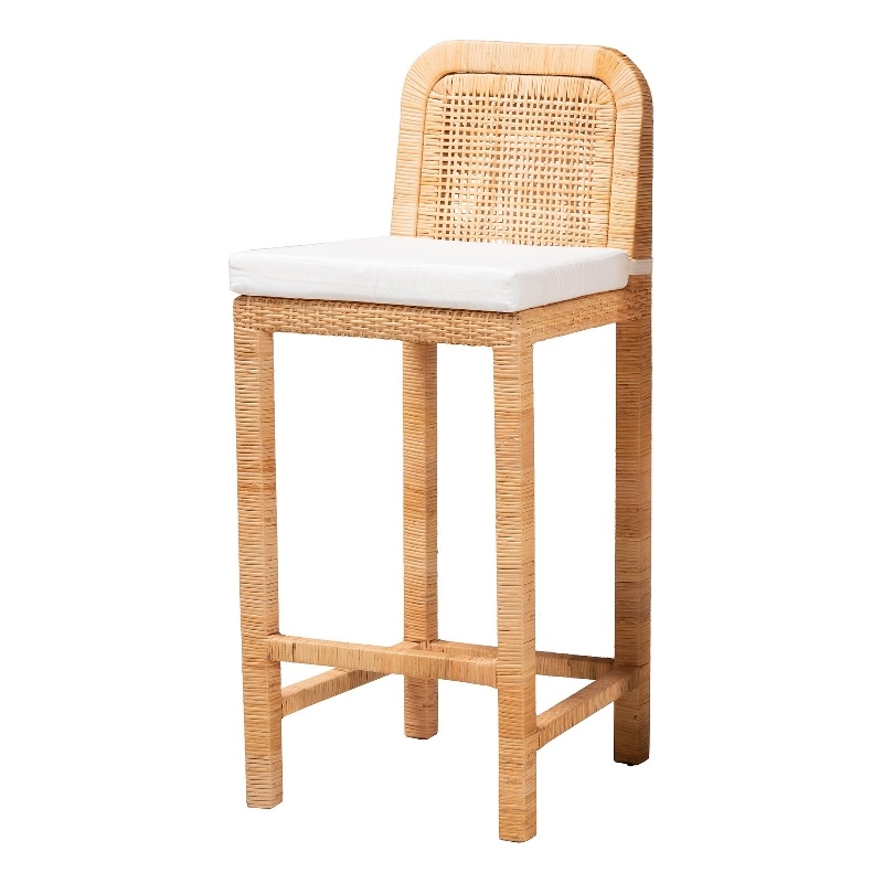 Pemberly Row Bohemian Natural Brown Rattan and Mahogany Wood Bar Stool