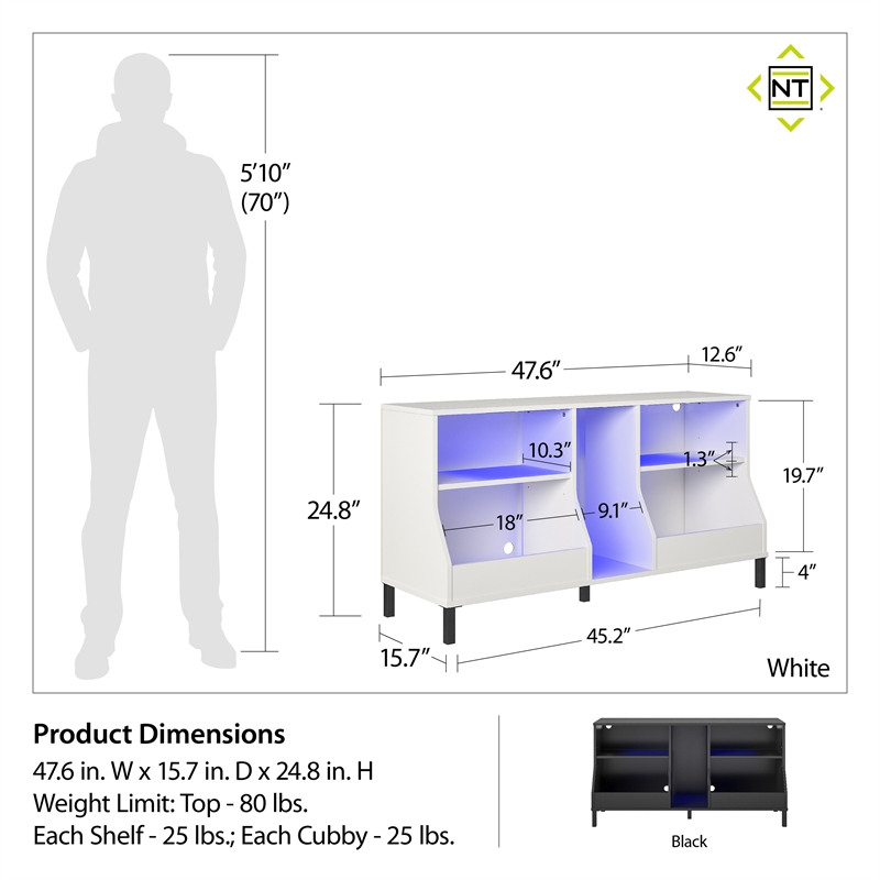 Pemberly Row Youth Gaming TV Stand w/ ARGB LED Lights in White