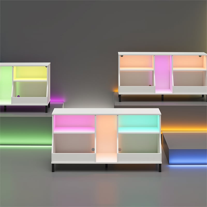 Pemberly Row Youth Gaming TV Stand w/ ARGB LED Lights in White
