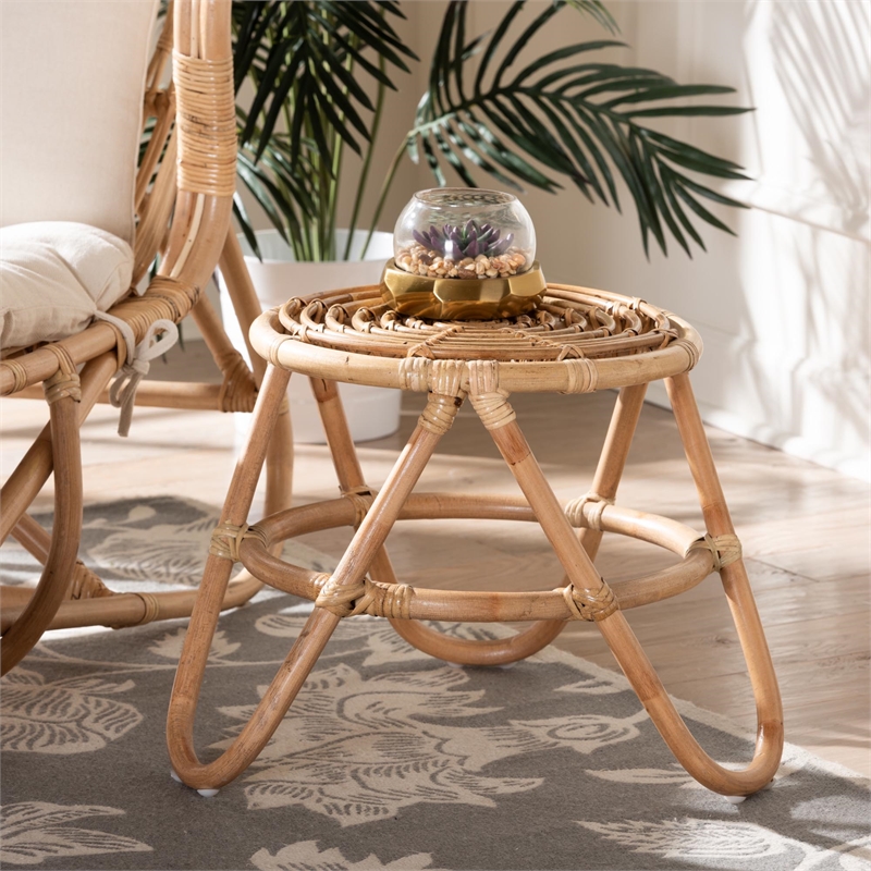 Pemberly Row Contemporary Bohemian Natural Brown Rattan End Table