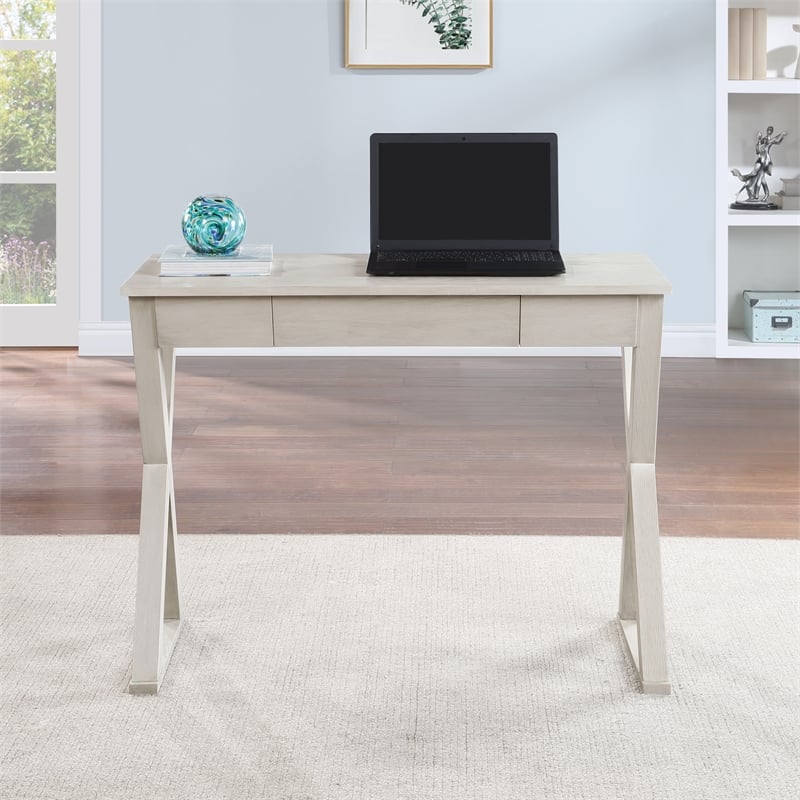 Pemberly Row Writing Desk w/ Drawer in Engineered Wood Weathered White Finish