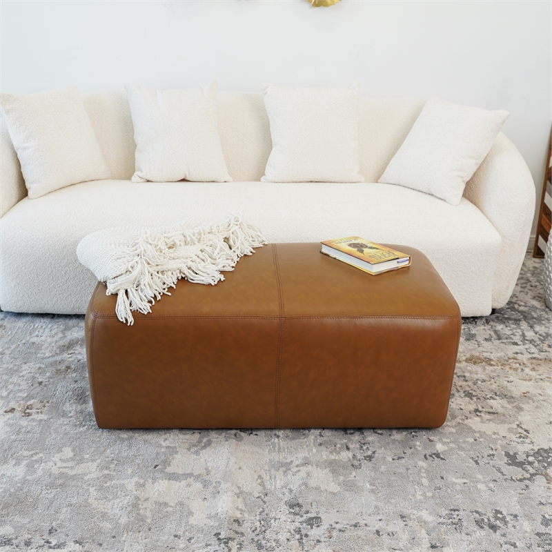 Pemberly Row Modern Living Room Tan Genuine Leather Rectangle Ottoman
