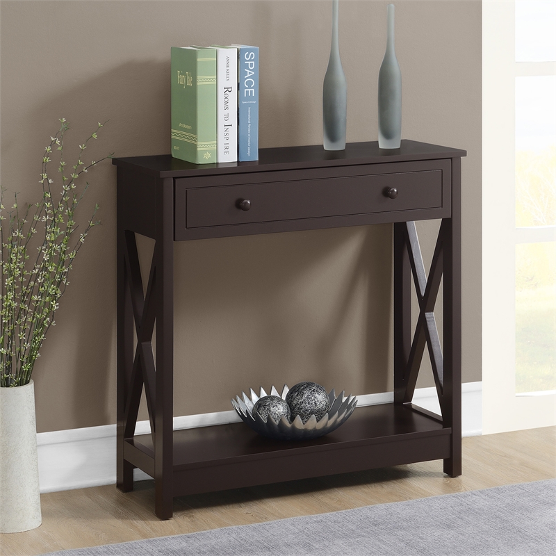 Pemberly Row One-Drawer Entryway Hall Table with Shelf in Espresso Wood Finish