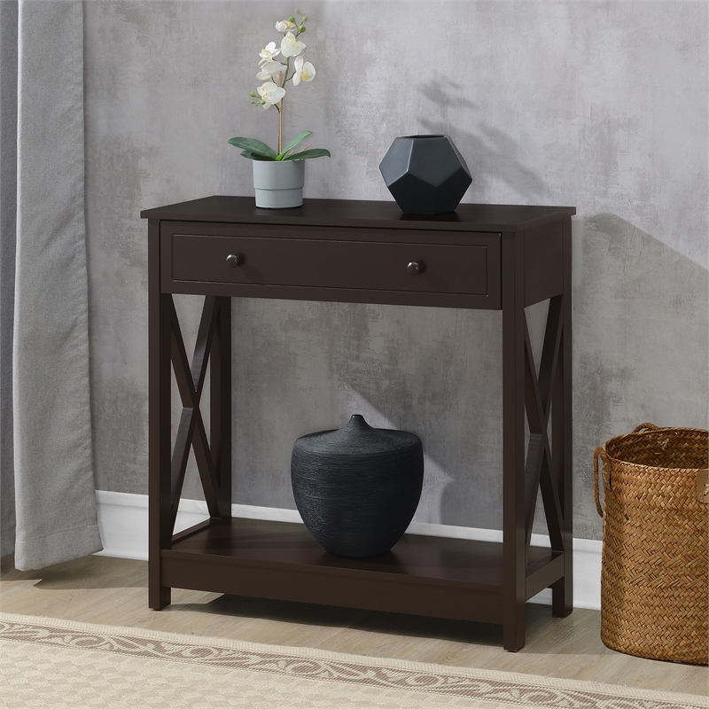 Pemberly Row One-Drawer Entryway Hall Table with Shelf in Espresso Wood Finish