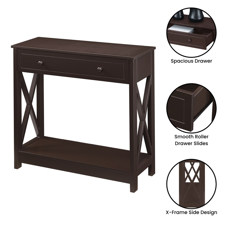 Pemberly Row One-Drawer Entryway Hall Table with Shelf in Espresso Wood Finish