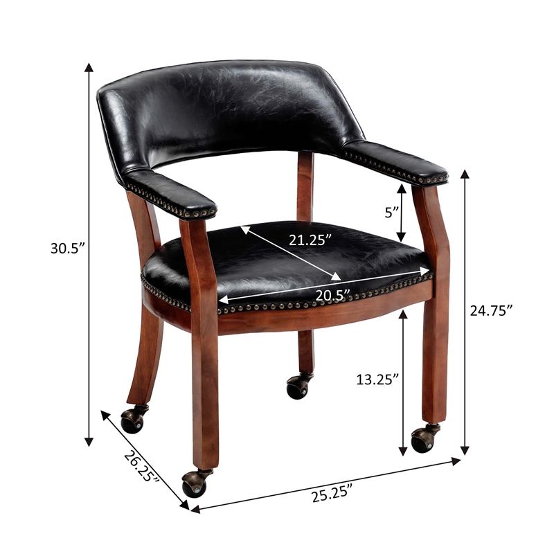 Pemberly Row Armchair with Wheels in Black Faux Leather Fabric