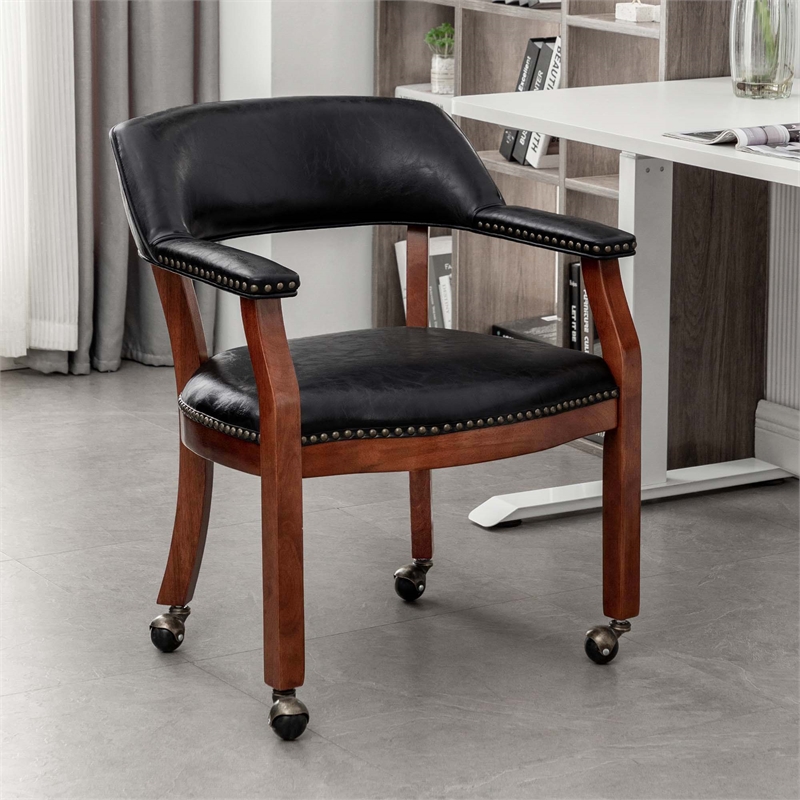 Pemberly Row Armchair with Wheels in Black Faux Leather Fabric