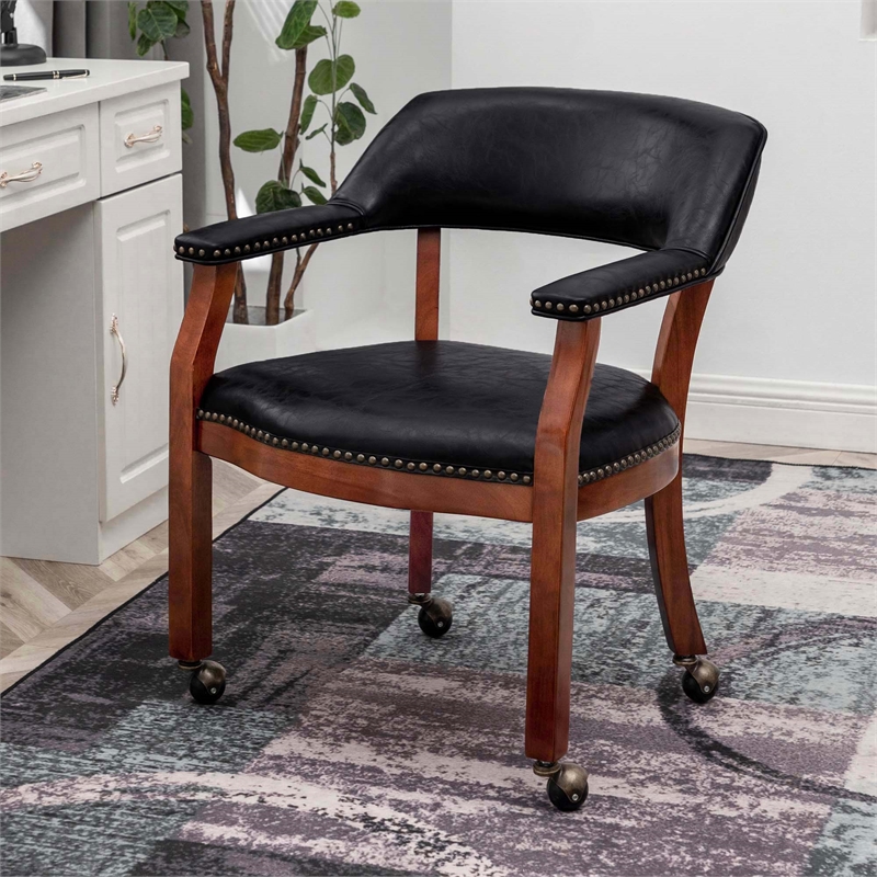 Pemberly Row Armchair with Wheels in Black Faux Leather Fabric