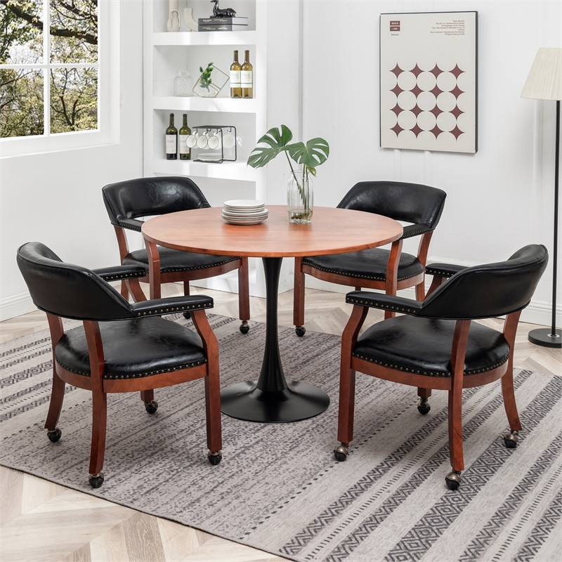 Pemberly Row Armchair with Wheels in Black Faux Leather Fabric