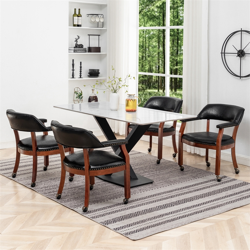 Pemberly Row Armchair with Wheels in Black Faux Leather Fabric