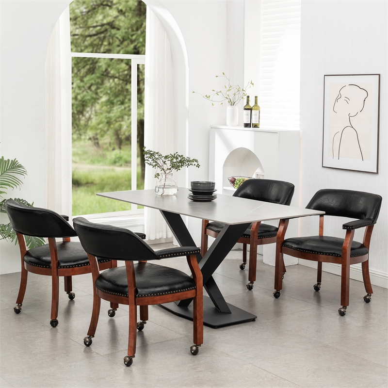 Pemberly Row Armchair with Wheels in Black Faux Leather Fabric