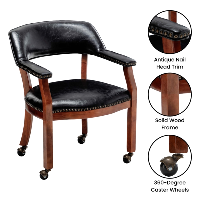 Pemberly Row Armchair with Wheels in Black Faux Leather Fabric