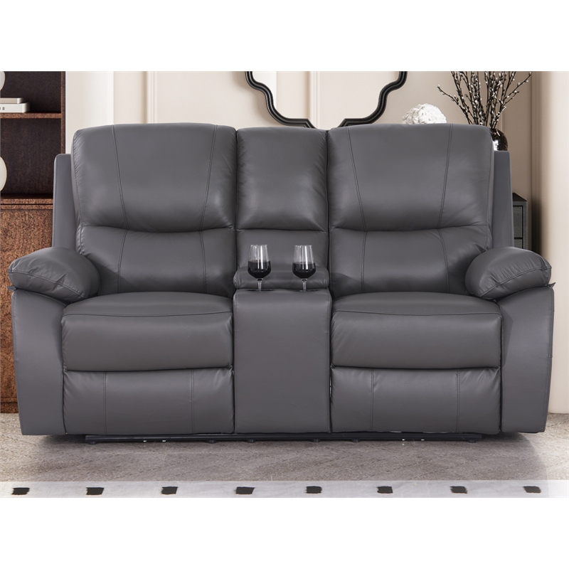 Pemberly Row Recliner Leather Sofa w/ Cup Holders & Storage Loveseat in Gray