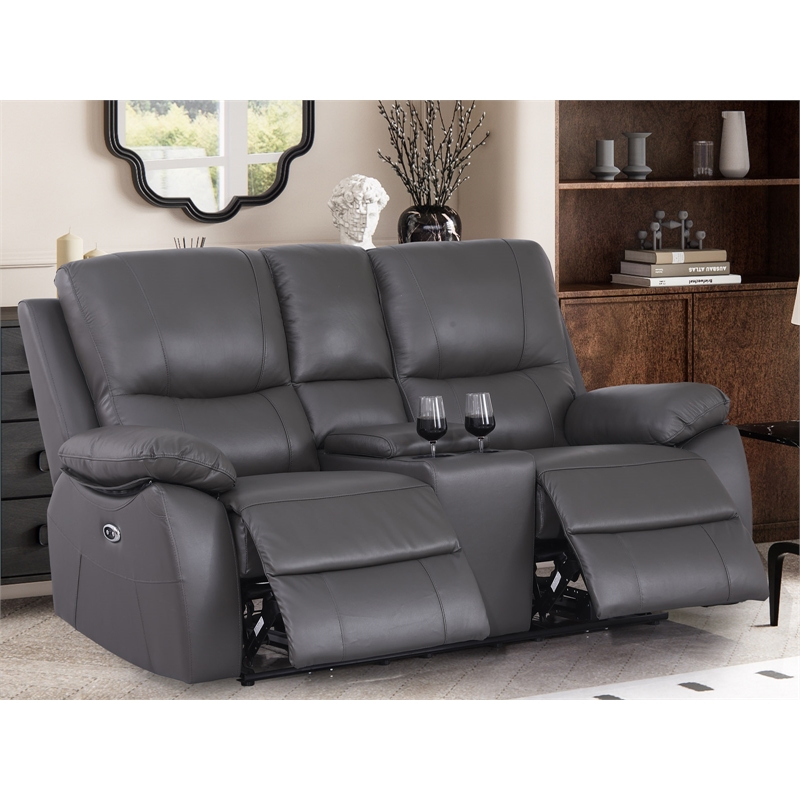 Pemberly Row Recliner Leather Sofa w/ Cup Holders & Storage Loveseat in Gray