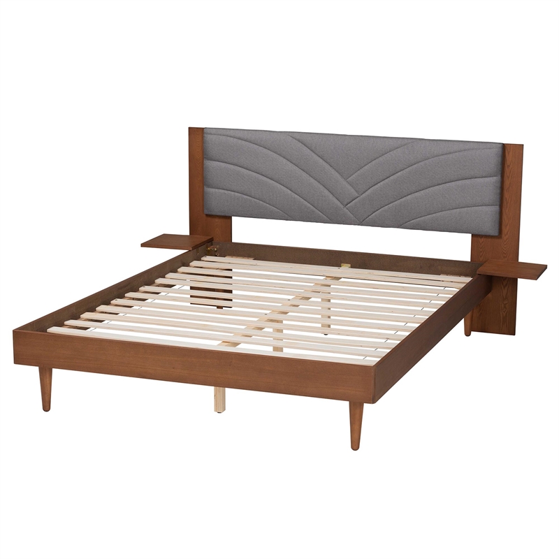 Pemberly Row Gray Fabric Brown Wood Queen Size Platform Bed With Table