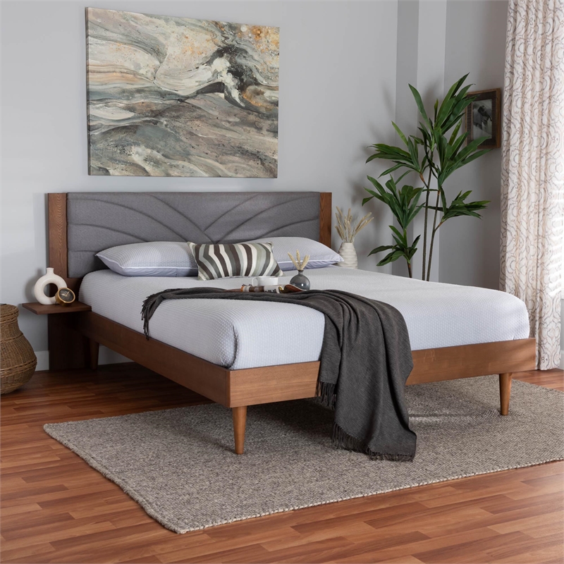 Pemberly Row Gray Fabric Brown Wood Queen Size Platform Bed With Table