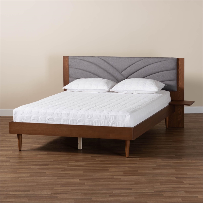 Pemberly Row Gray Fabric Brown Wood Queen Size Platform Bed With Table
