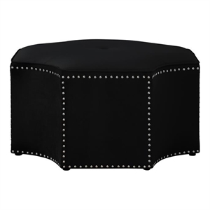 Pemberly Row Velvet Upholstered Octagon Cocktail Ottoman in Black