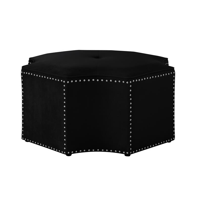 Pemberly Row Velvet Upholstered Octagon Cocktail Ottoman in Black