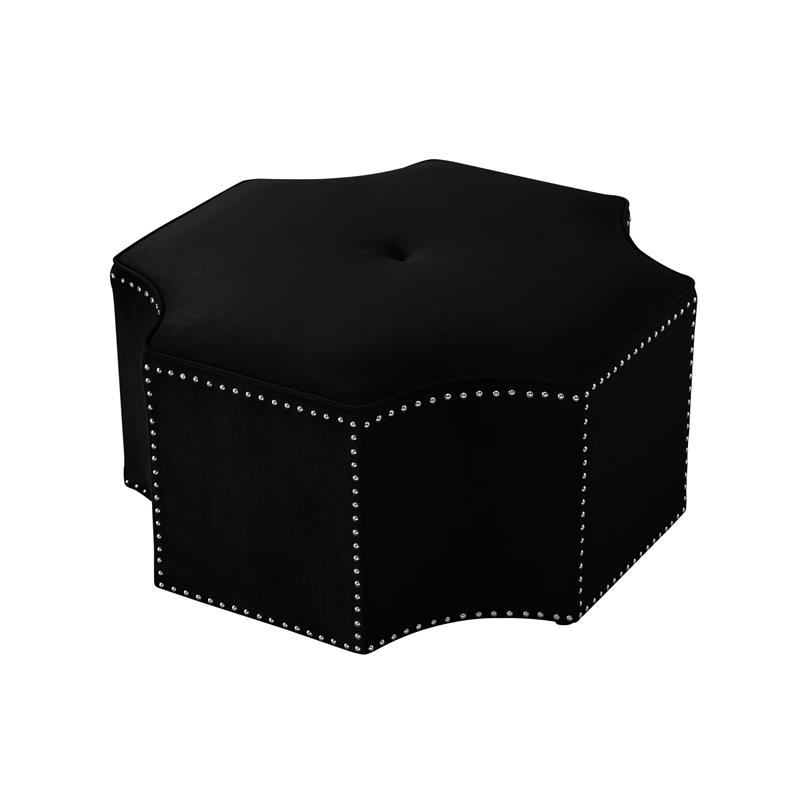 Pemberly Row Velvet Upholstered Octagon Cocktail Ottoman in Black
