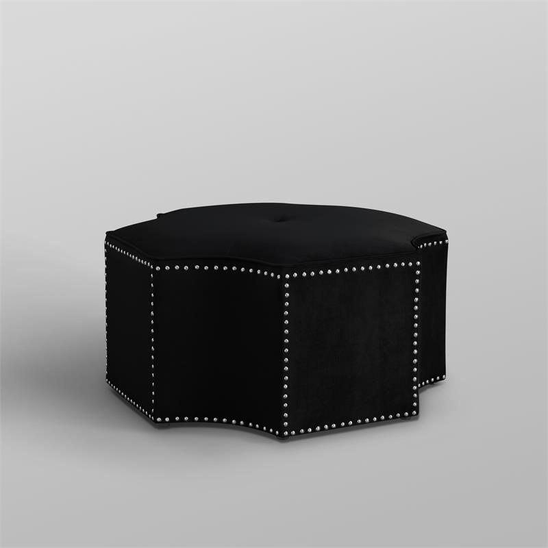 Pemberly Row Velvet Upholstered Octagon Cocktail Ottoman in Black