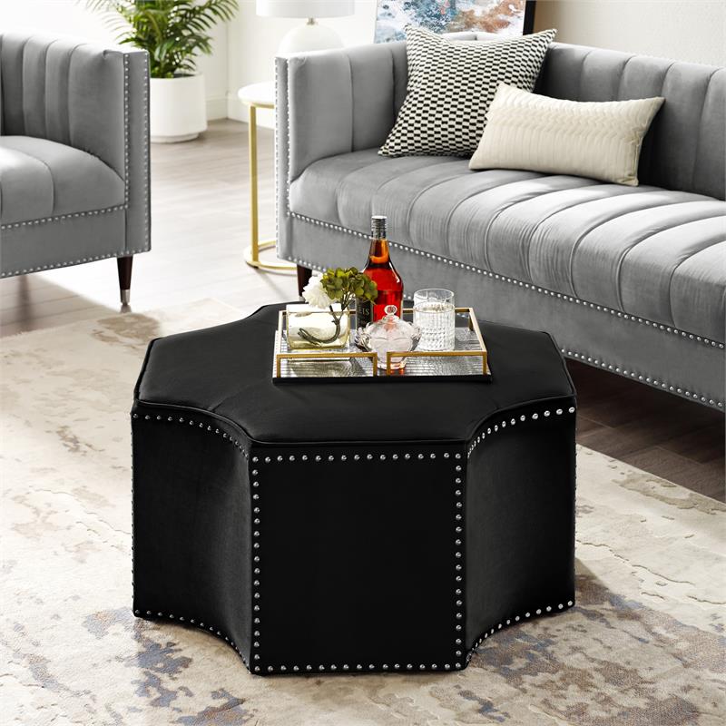 Pemberly Row Velvet Upholstered Octagon Cocktail Ottoman in Black