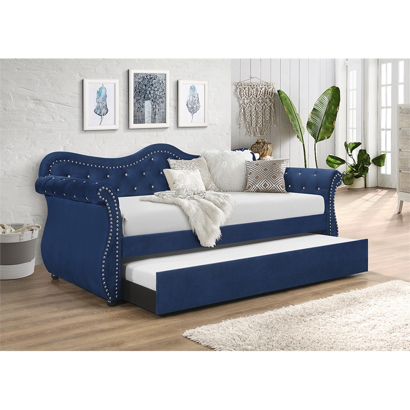 Pemberly Row Upholstered Velvet Wood Daybed with Trundle in Blue