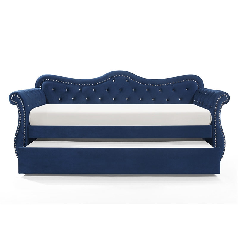 Pemberly Row Upholstered Velvet Wood Daybed with Trundle in Blue