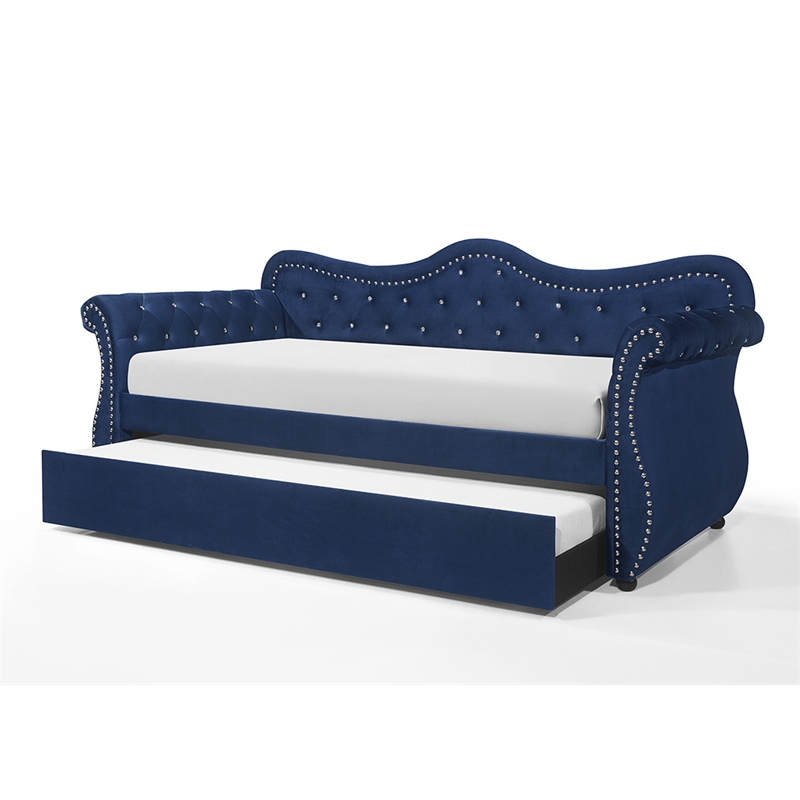 Pemberly Row Upholstered Velvet Wood Daybed with Trundle in Blue