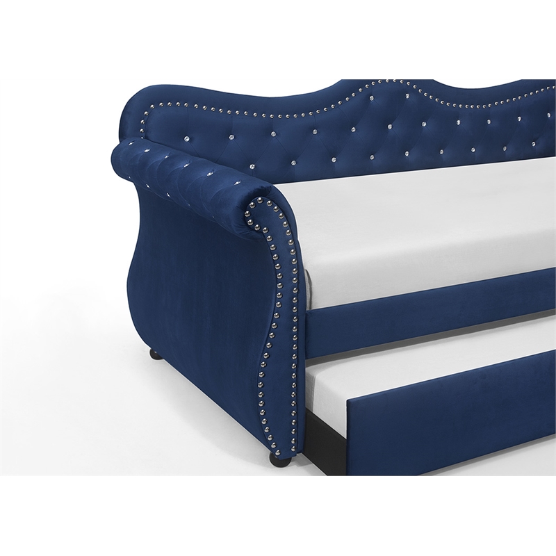 Pemberly Row Upholstered Velvet Wood Daybed with Trundle in Blue
