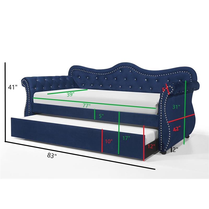 Pemberly Row Upholstered Velvet Wood Daybed with Trundle in Blue