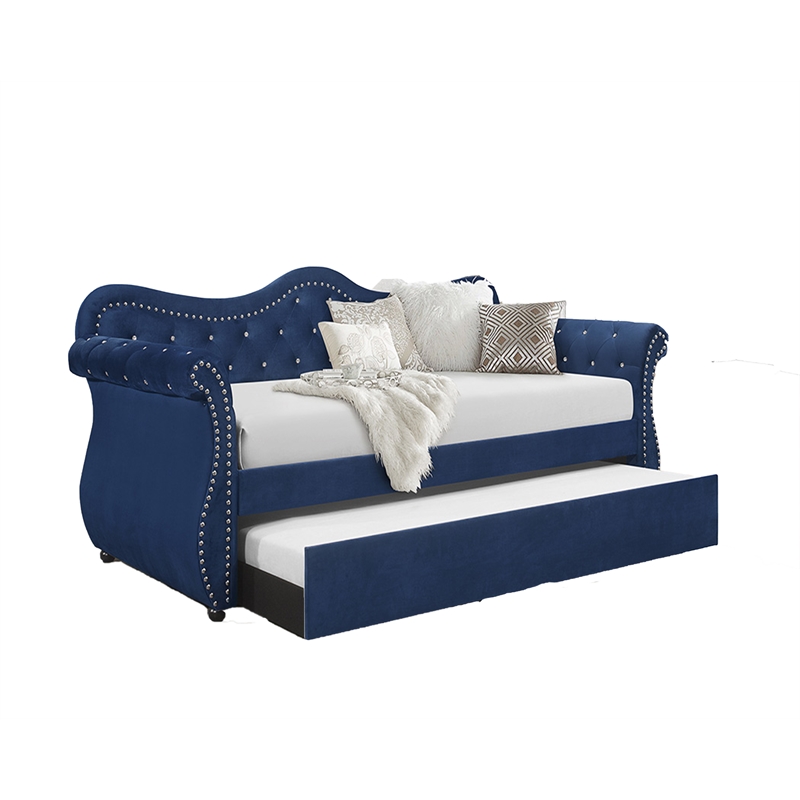 Pemberly Row Upholstered Velvet Wood Daybed with Trundle in Blue