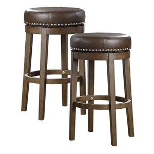 Pemberly Row 29&quot Faux Leather Round Swivel Bar Stool in Brown (Set of 2)