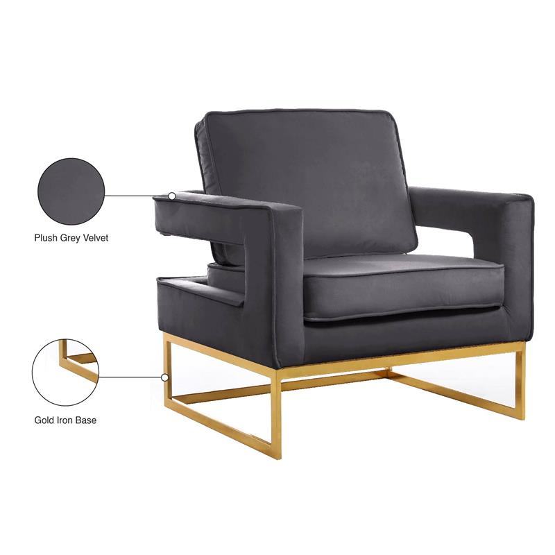 Pemberly Row Modern Gray Velvet Accent Chair with Gold Iron Base