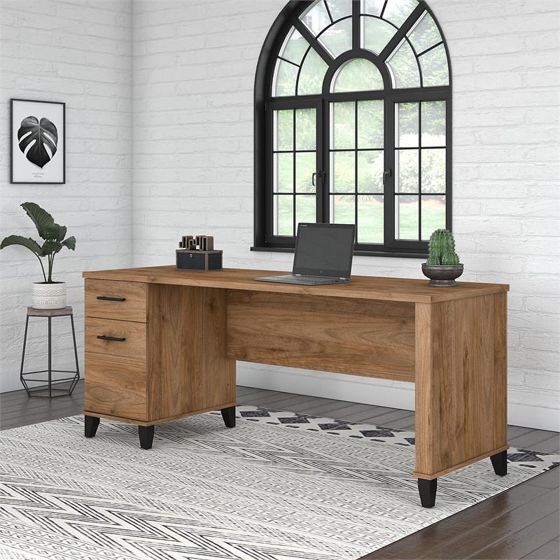 Pemberly Row 72W Office Desk with Drawers in Fresh Walnut - Engineered Wood