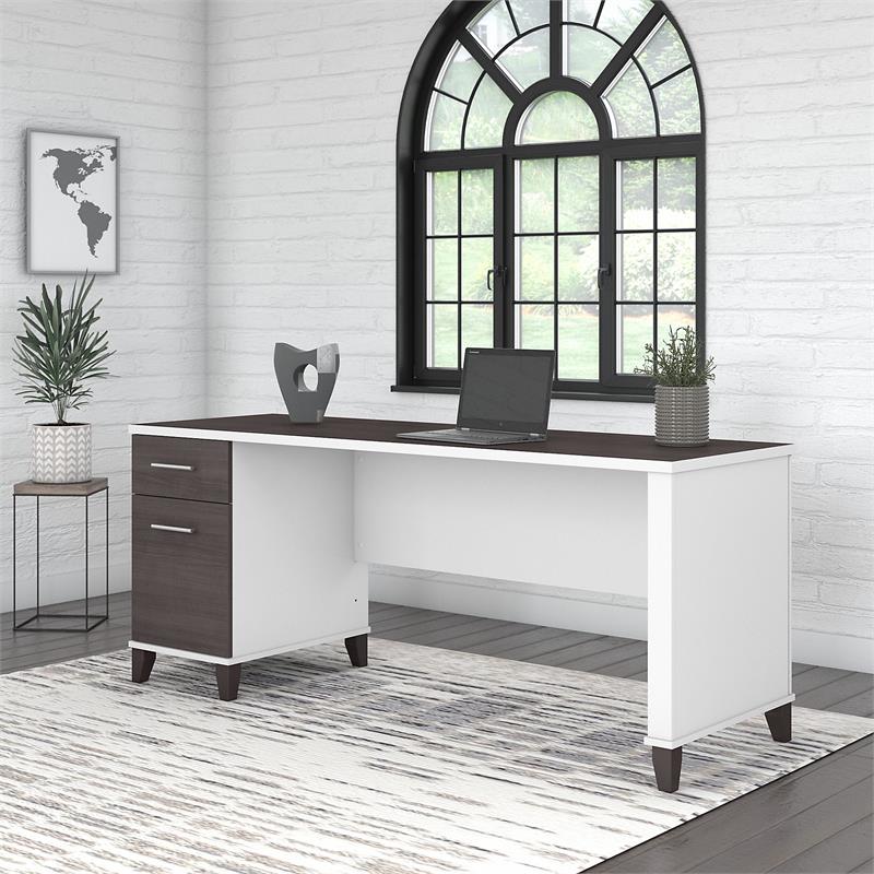 Pemberly Row 72W Office Desk with Drawers in White and Storm Gray - Wood