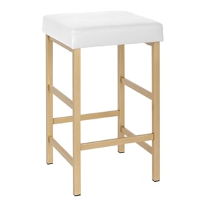 Pemberly Row Modern 26&quot Gold Backless Stool in White Faux Leather