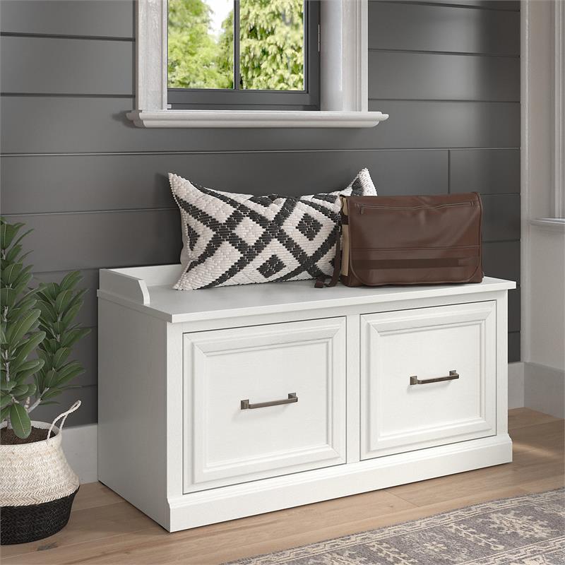 Pemberly Row 40W Shoe Storage Bench with Doors in White Ash - Engineered Wood
