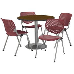 Pemberly Row Round 36&quot Dia. Pedestal Table - 4 Burgundy Chairs - Walnut Top
