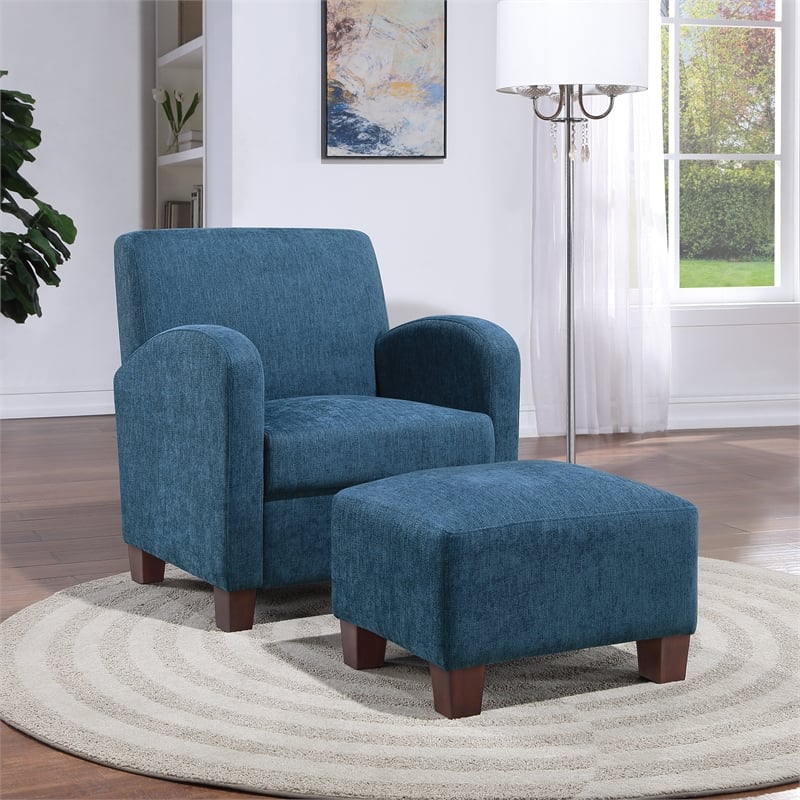 Pemberly Row Chair & Ottoman in Navy Blue Fabric with Medium Espresso Legs