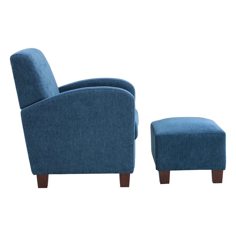 Pemberly Row Chair & Ottoman in Navy Blue Fabric with Medium Espresso Legs